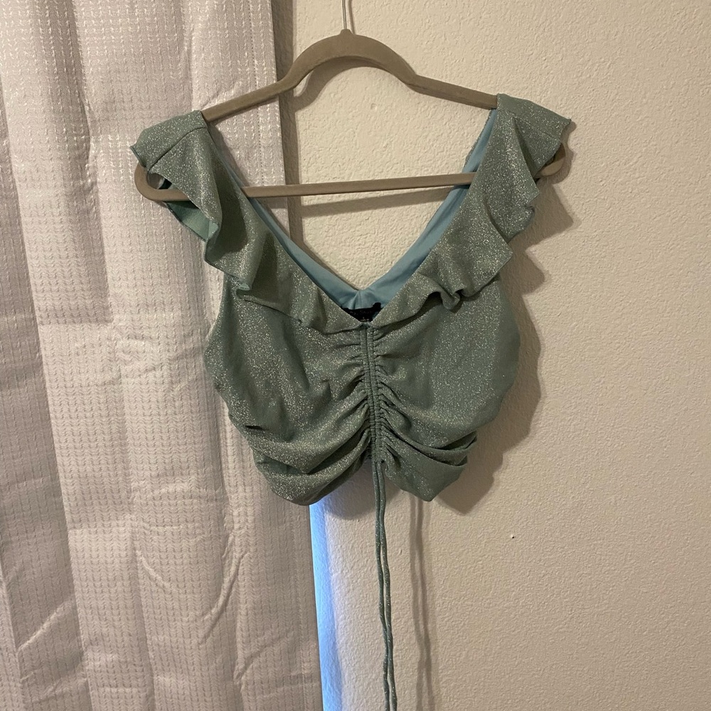 City Studio Shimmering teal Ruffled Crop Top